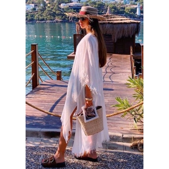 Zara White Fringed Kimono Size Medium - Picture 4 of 13